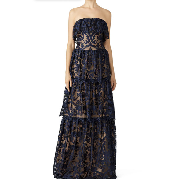 ML Monique Lhuillier Midnight Lace Strapless Tiered Evening Gown Formal Dress 6